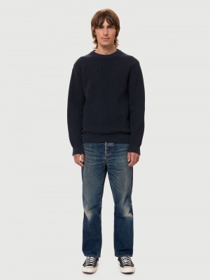 Nudie Jeans August Rib Bomull Stickat Herr Marinblå | 93QWYELAH