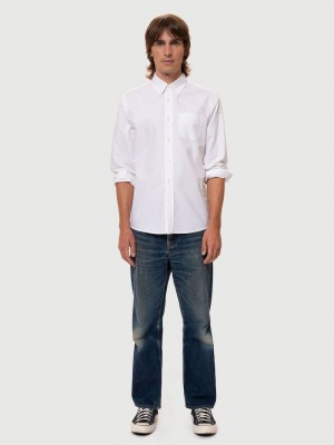 Nudie Jeans John Button Down Oxford Skjorta Herr Vita | 42THXYASJ