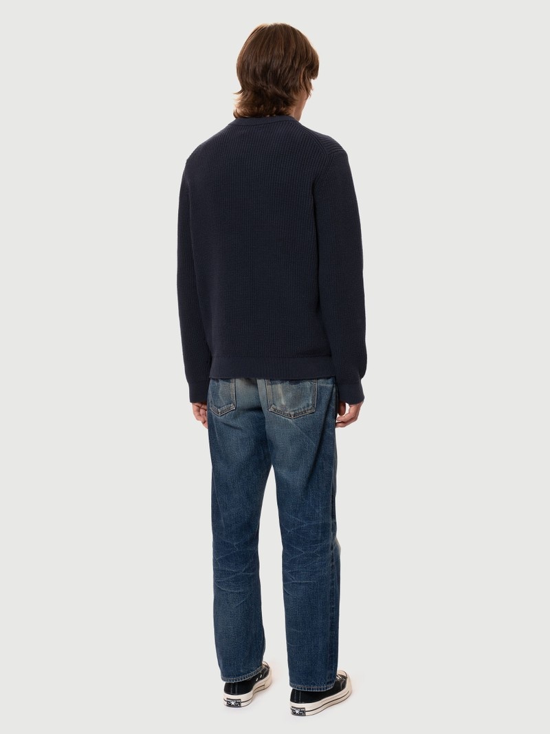 Nudie Jeans August Rib Bomull Stickat Herr Marinblå | 93QWYELAH