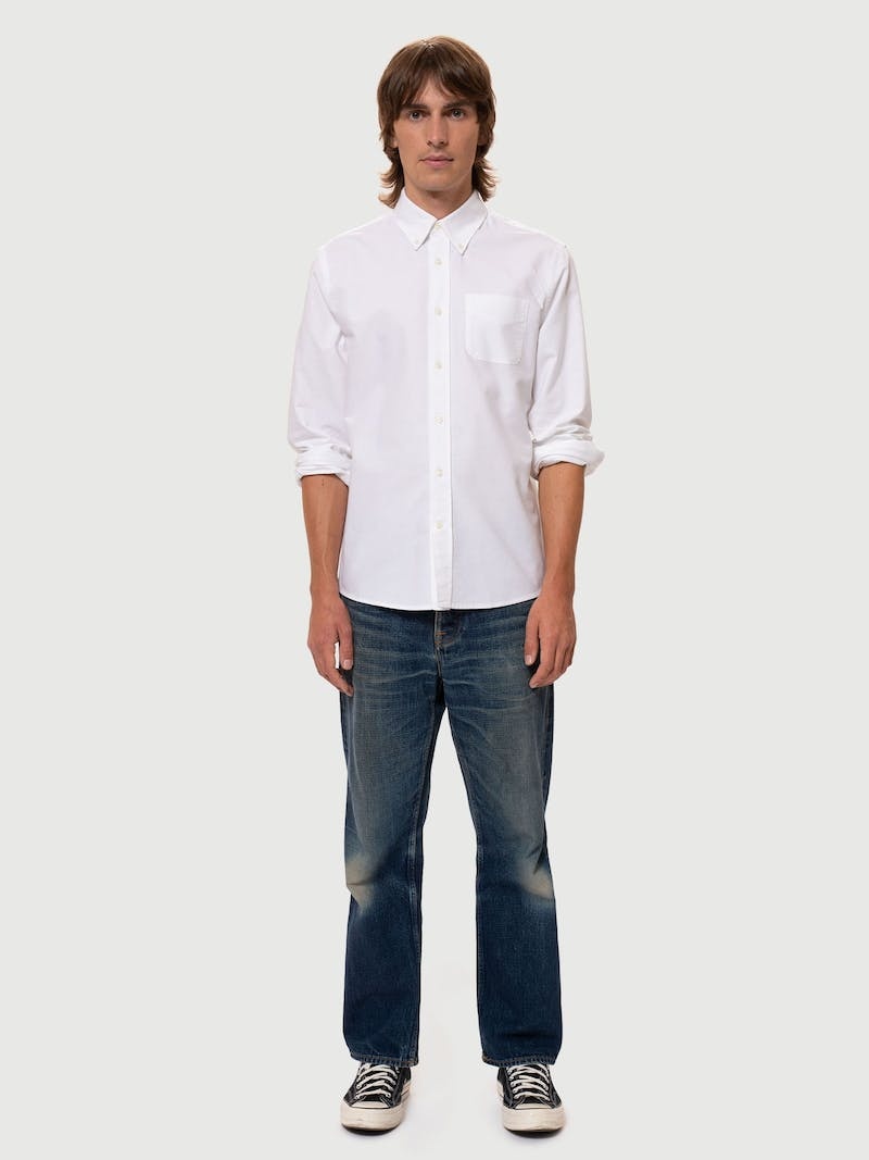 Nudie Jeans John Button Down Oxford Skjorta Herr Vita | 42THXYASJ