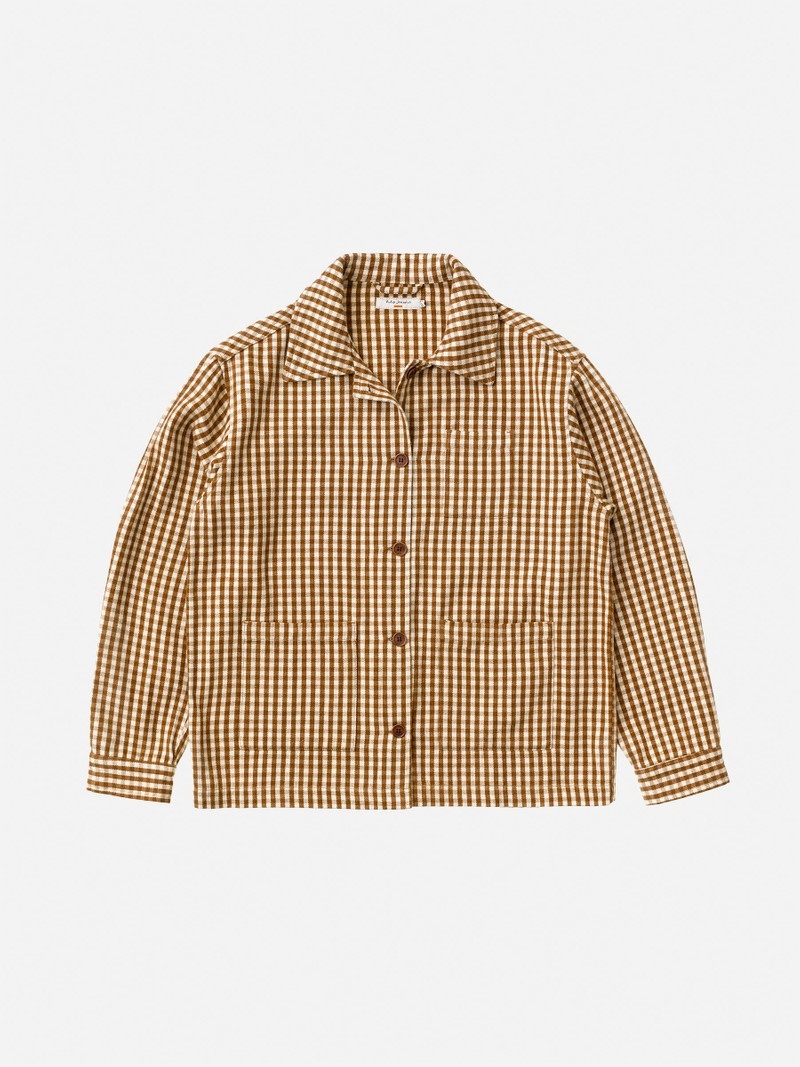 Nudie Jeans Maj Overshirt Gingham Oak Skjorta Dam Bruna | 80OMJDIRE